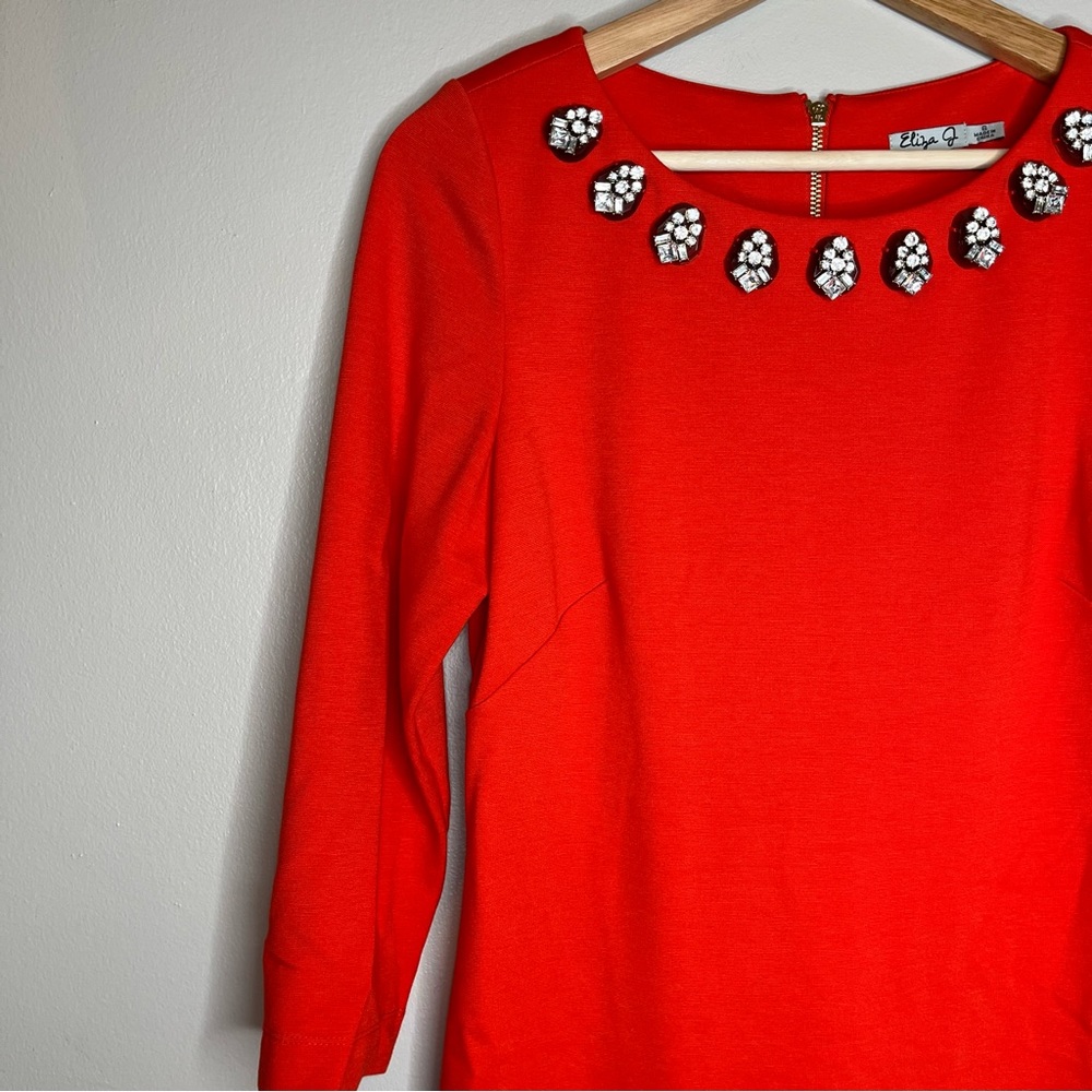 Eliza J Red Glamour Crystal Neckline Long Sleeve Dress Size 6